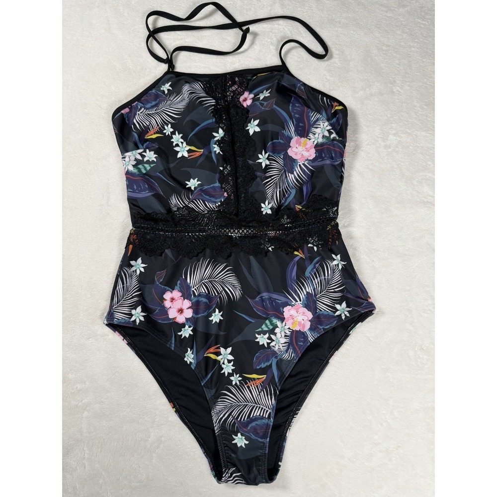 Peddney Vintage Lace One Piece Halter Swimsuit M Black Tropical Floral‎